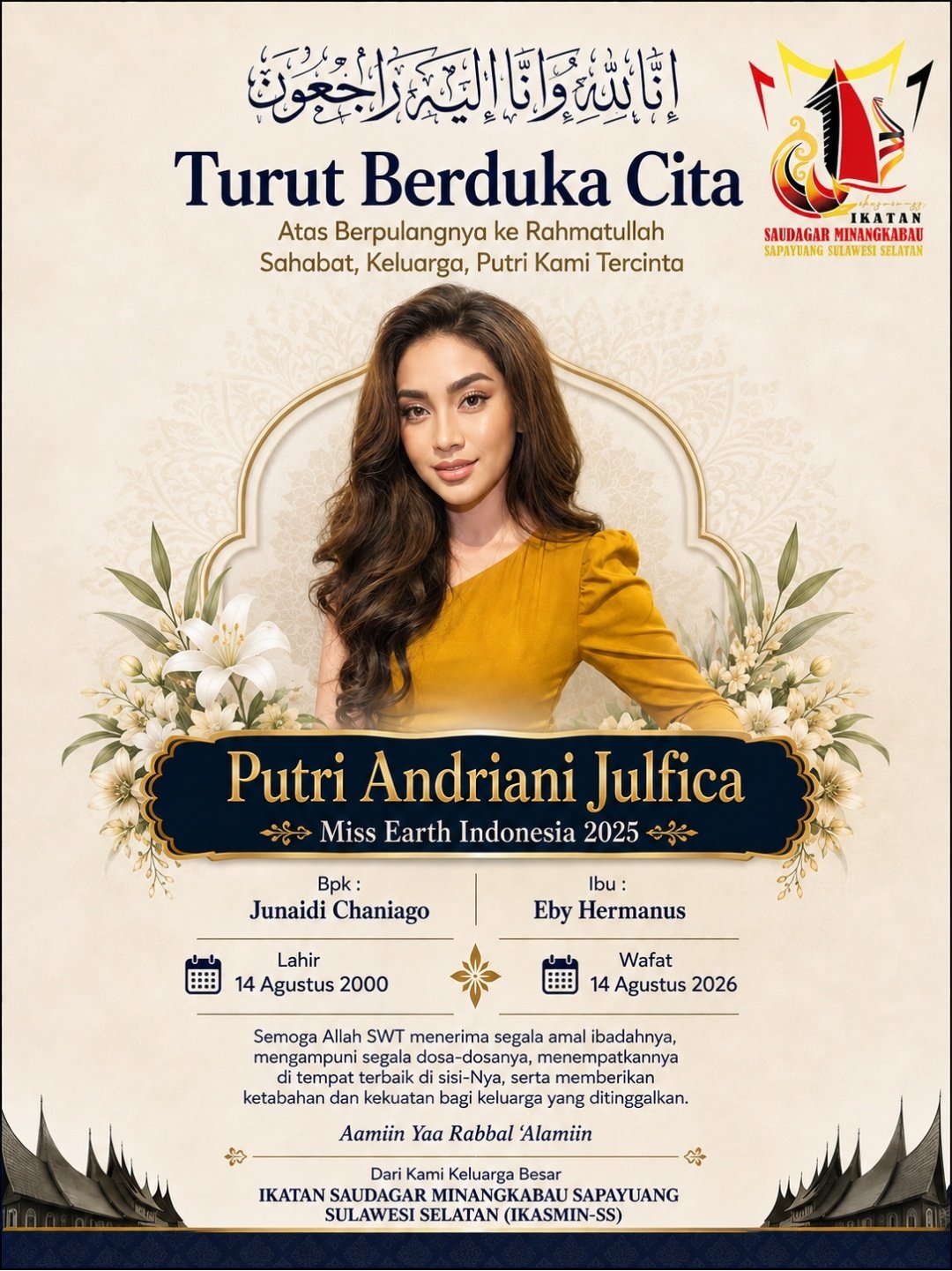 IKASMIN-SS Berduka, Miss Earth Indonesia 2025 Putri Andriani Julfica Berpulang: Saudagar Minangkabau Sapayuang Mengirim Doa ke Bumi Nyiur Melambai